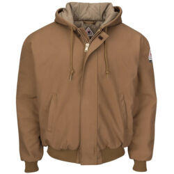 Men's Insulated Brown Duck Hooded Jacket with Knit Trim Thumbnail